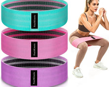 Load image into Gallery viewer, Three resistance bands in teal, pink, and purple with Peach Classic branding, alongside a woman exercising.